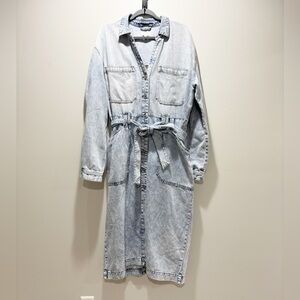 EVERY Light Wash Denim Midi Shirt Dress Tie Waist Chic Western Rodeo Casual XL